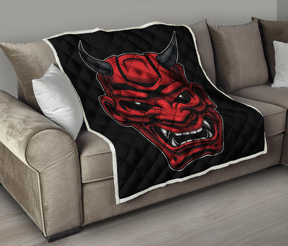 Red Japanese Demon Mask Print Quilt