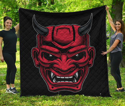 Red Japanese Demon Mask Print Quilt