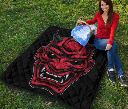 Red Japanese Demon Mask Print Quilt