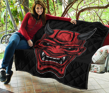 Red Japanese Demon Mask Print Quilt