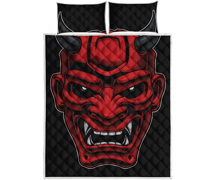 Red Japanese Demon Mask Print Quilt Bed Set