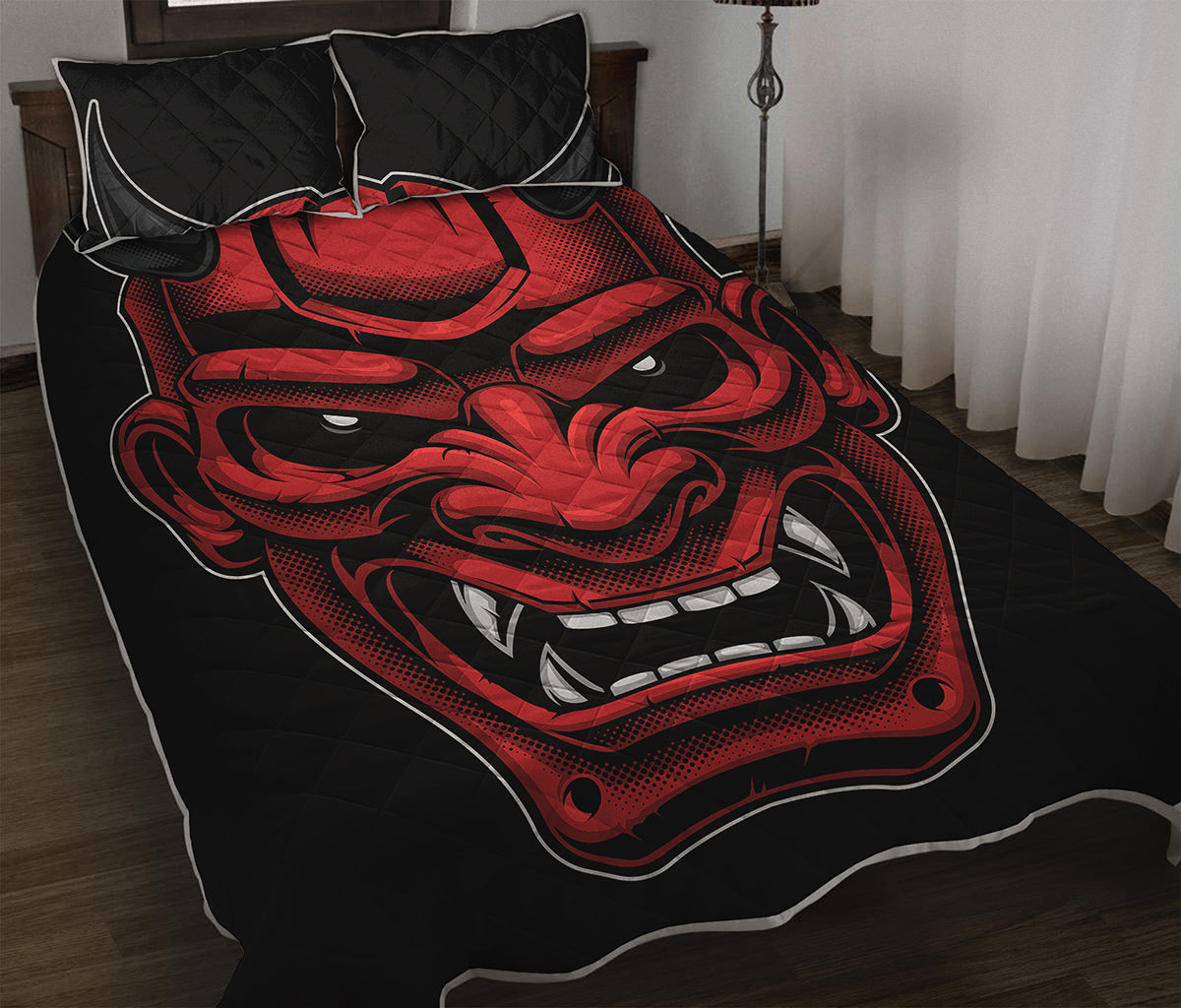 Red Japanese Demon Mask Print Quilt Bed Set
