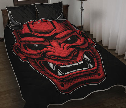 Red Japanese Demon Mask Print Quilt Bed Set