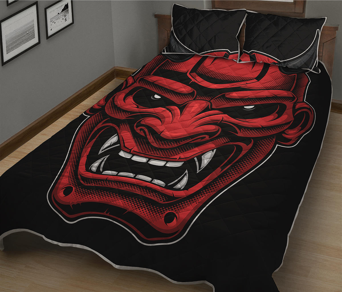 Red Japanese Demon Mask Print Quilt Bed Set