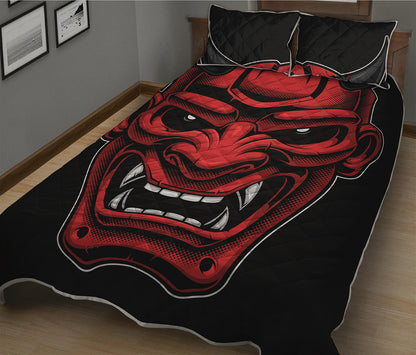 Red Japanese Demon Mask Print Quilt Bed Set