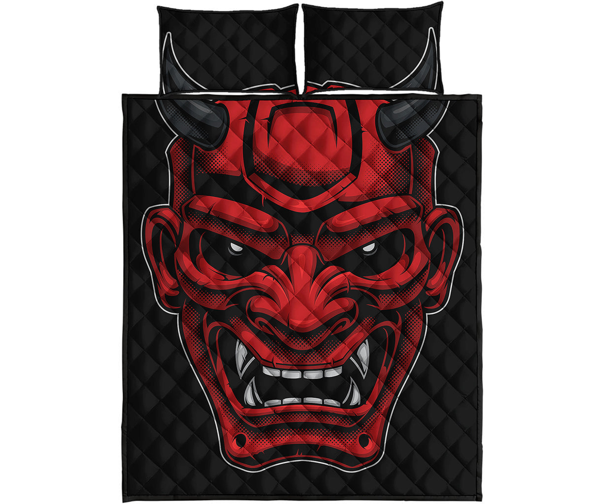 Red Japanese Demon Mask Print Quilt Bed Set