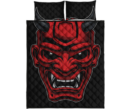 Red Japanese Demon Mask Print Quilt Bed Set
