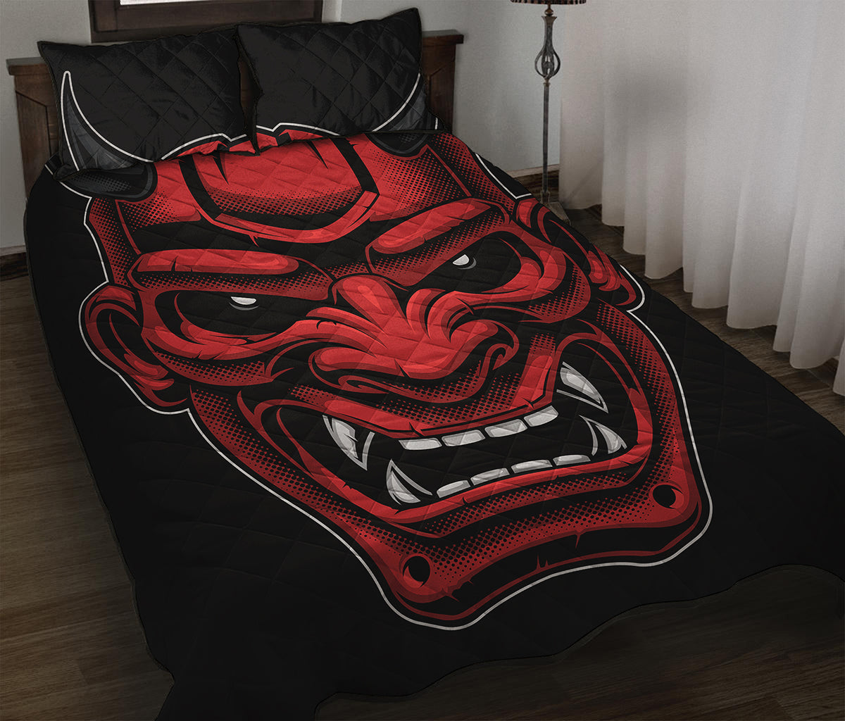 Red Japanese Demon Mask Print Quilt Bed Set