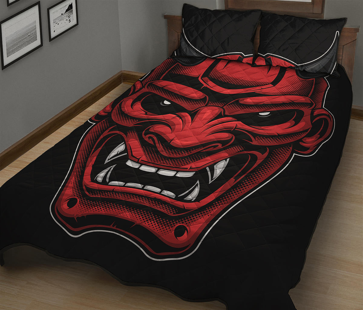 Red Japanese Demon Mask Print Quilt Bed Set