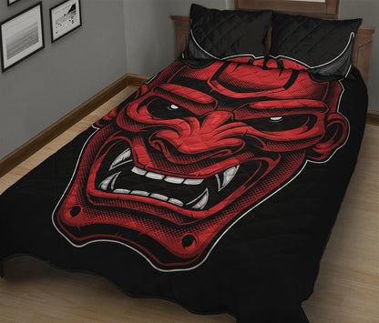 Red Japanese Demon Mask Print Quilt Bed Set