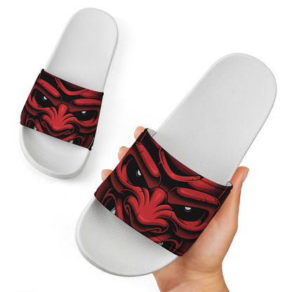 Red Japanese Demon Mask Print White Slide Sandals