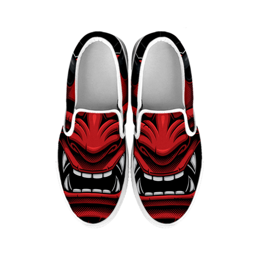 Red Japanese Demon Mask Print White Slip On Shoes