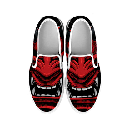Red Japanese Demon Mask Print White Slip On Shoes