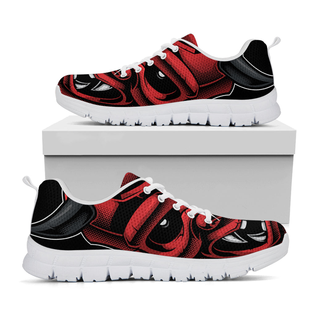 Red Japanese Demon Mask Print White Sneakers
