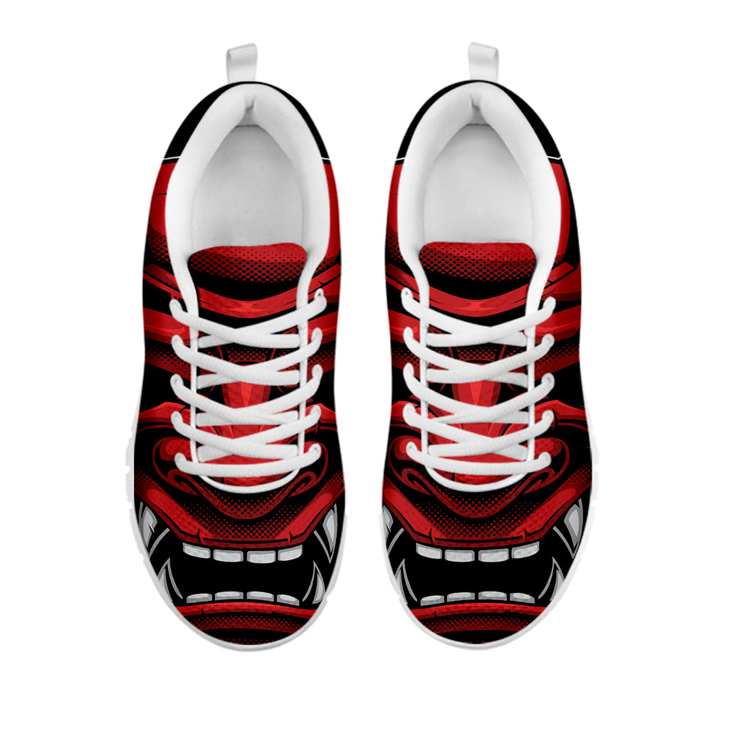 Red Japanese Demon Mask Print White Sneakers