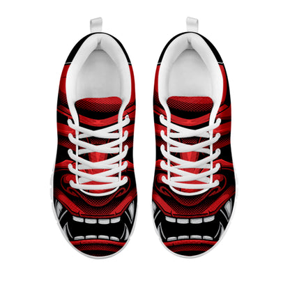 Red Japanese Demon Mask Print White Sneakers