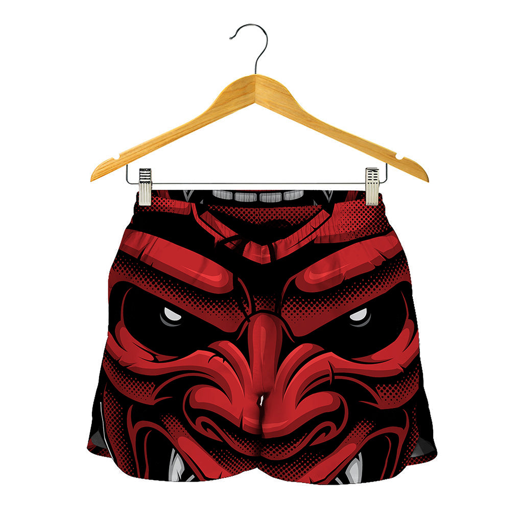 Red Japanese Demon Mask Print Women's Shorts