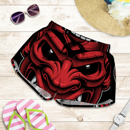 Red Japanese Demon Mask Print Women's Shorts