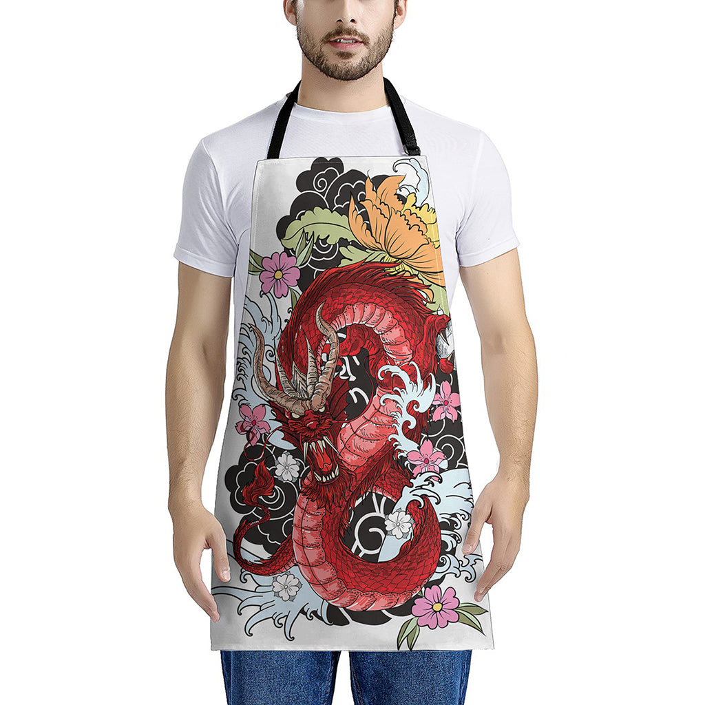 Red Japanese Dragon Tattoo Print Apron