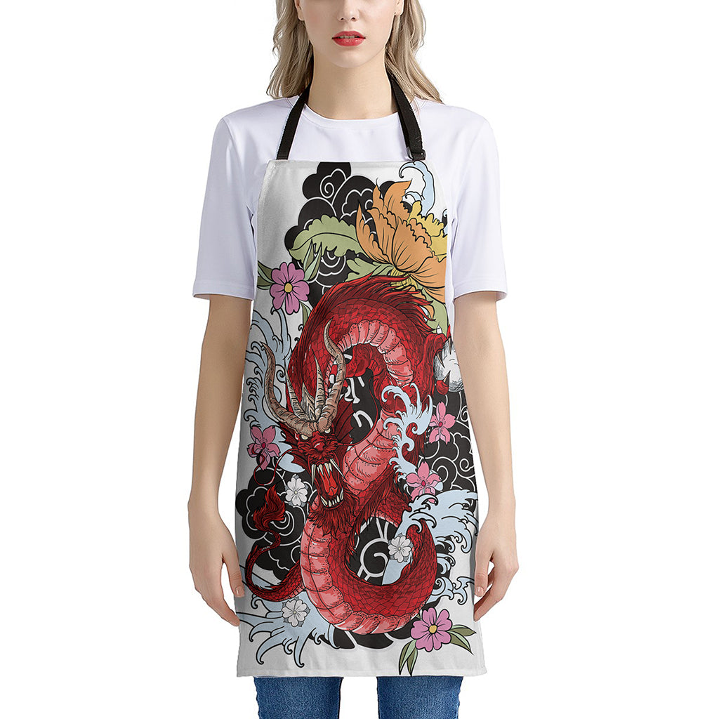 Red Japanese Dragon Tattoo Print Apron