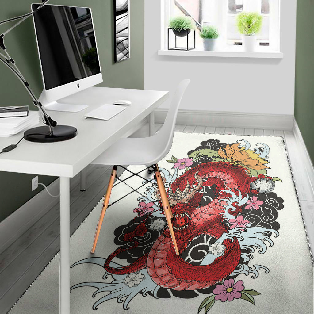 Red Japanese Dragon Tattoo Print Area Rug