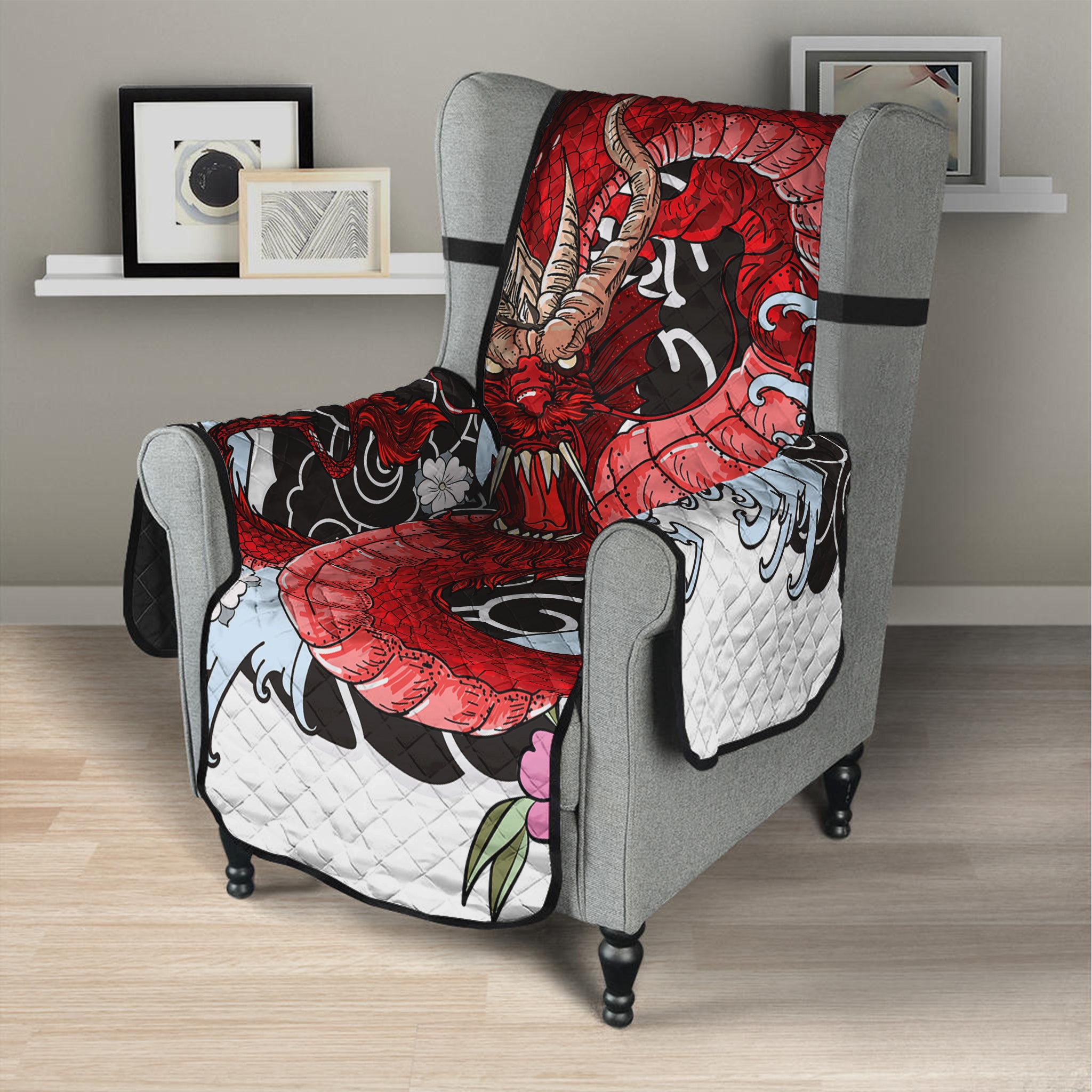 Red Japanese Dragon Tattoo Print Armchair Protector