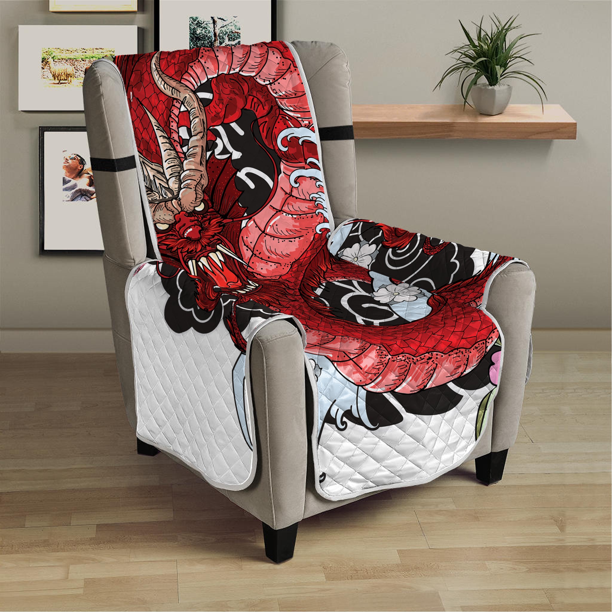 Red Japanese Dragon Tattoo Print Armchair Protector