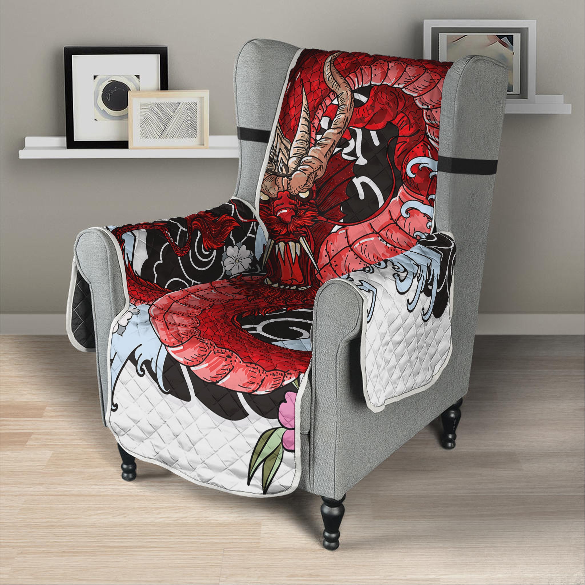 Red Japanese Dragon Tattoo Print Armchair Protector