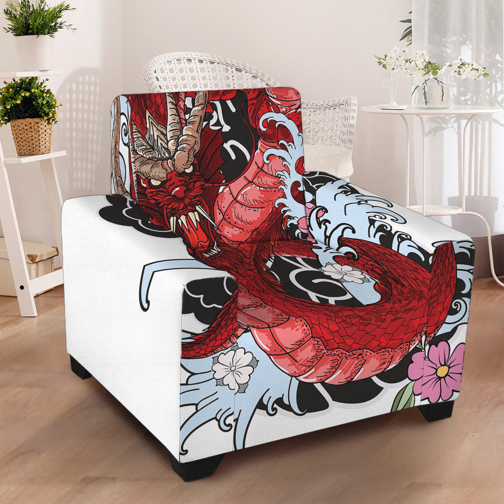 Red Japanese Dragon Tattoo Print Armchair Slipcover