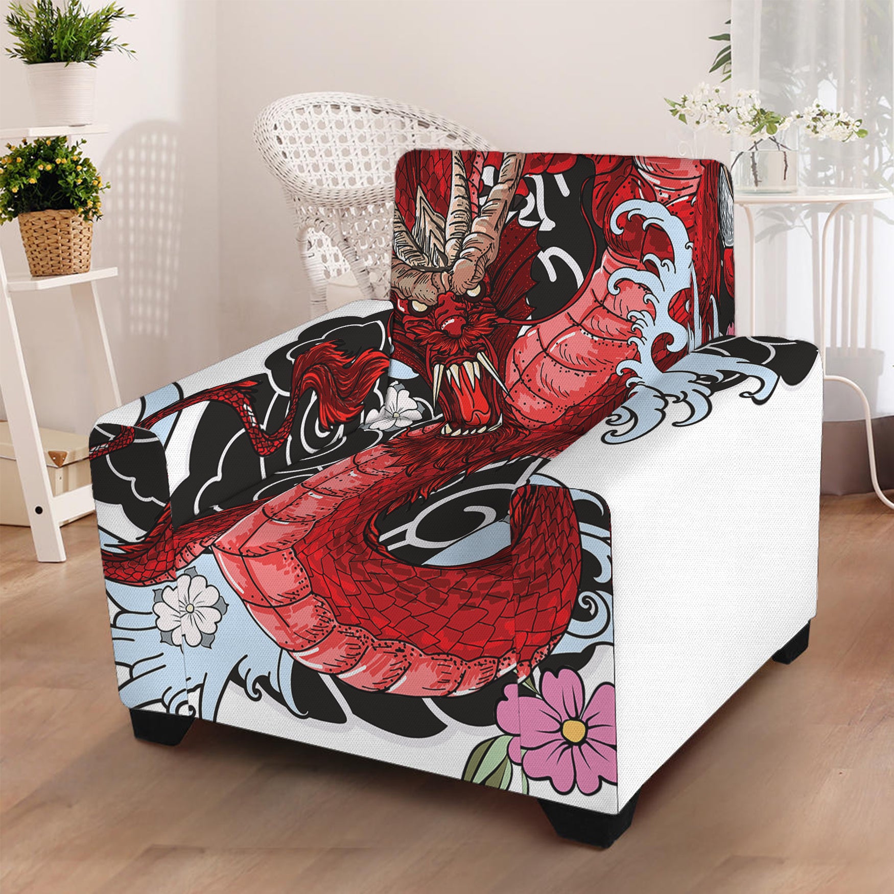 Red Japanese Dragon Tattoo Print Armchair Slipcover