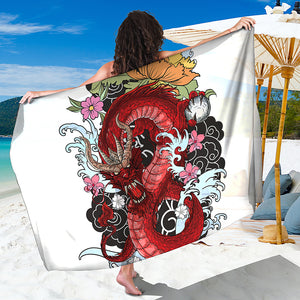 Red Japanese Dragon Tattoo Print Beach Sarong Wrap