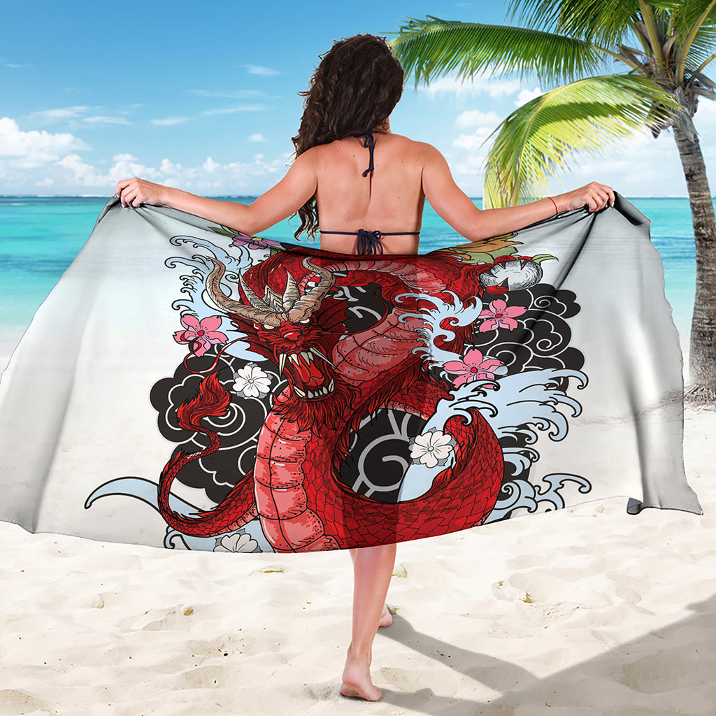 Red Japanese Dragon Tattoo Print Beach Sarong Wrap