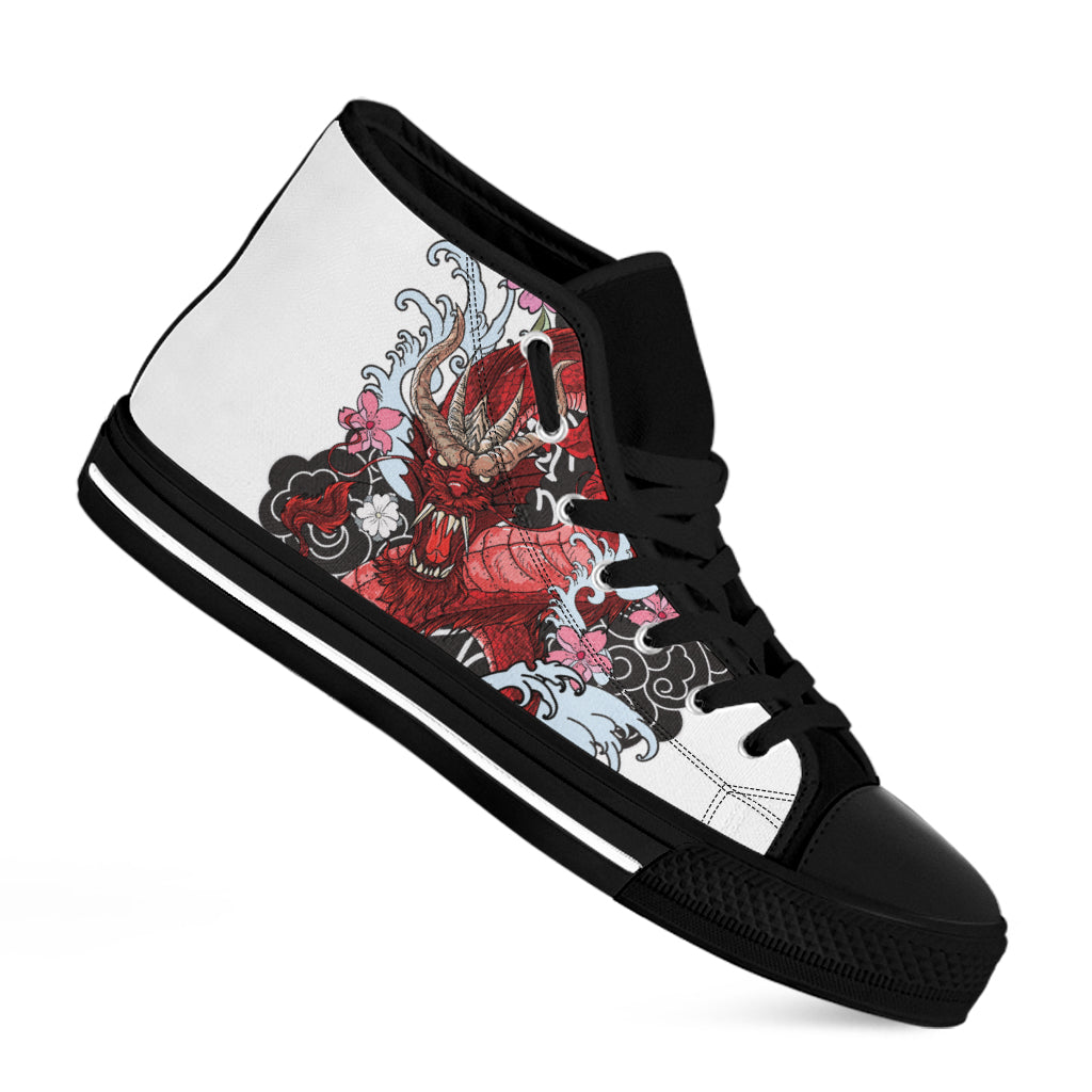 Red Japanese Dragon Tattoo Print Black High Top Shoes