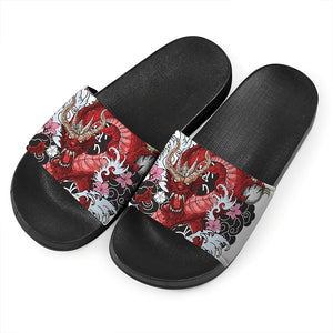 Red Japanese Dragon Tattoo Print Black Slide Sandals