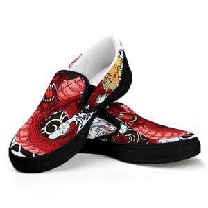 Red Japanese Dragon Tattoo Print Black Slip On Shoes