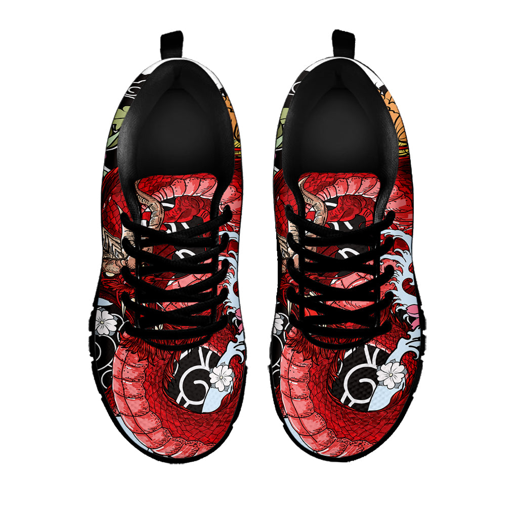 Red Japanese Dragon Tattoo Print Black Sneakers