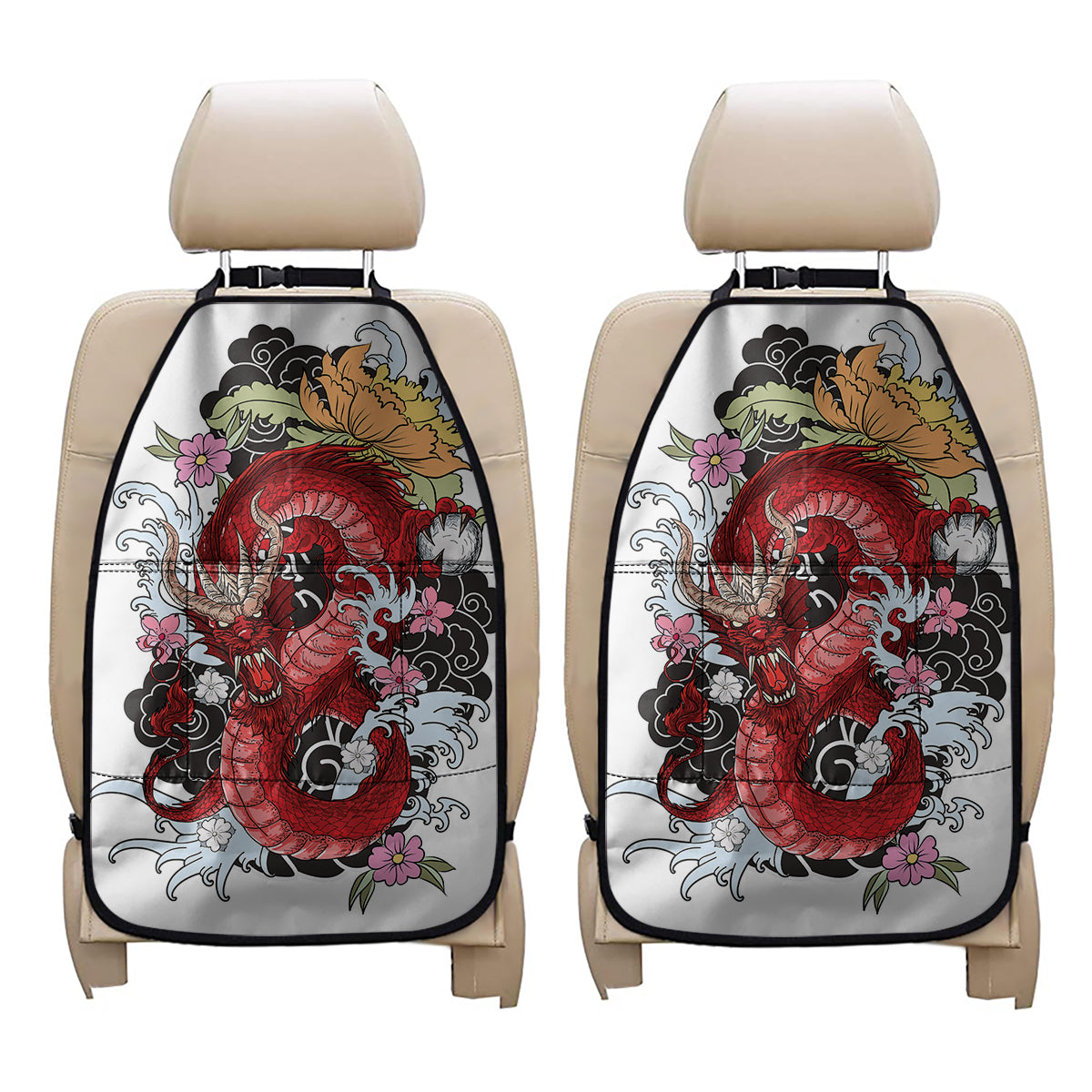 Red Japanese Dragon Tattoo Print Car Seat Organizers