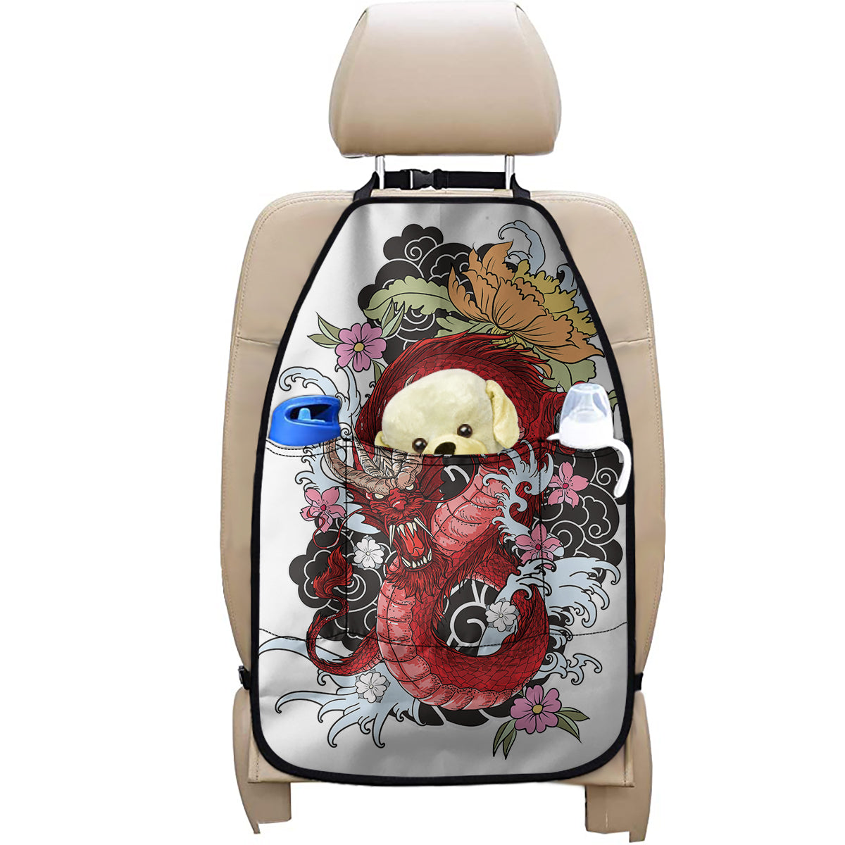 Red Japanese Dragon Tattoo Print Car Seat Organizers