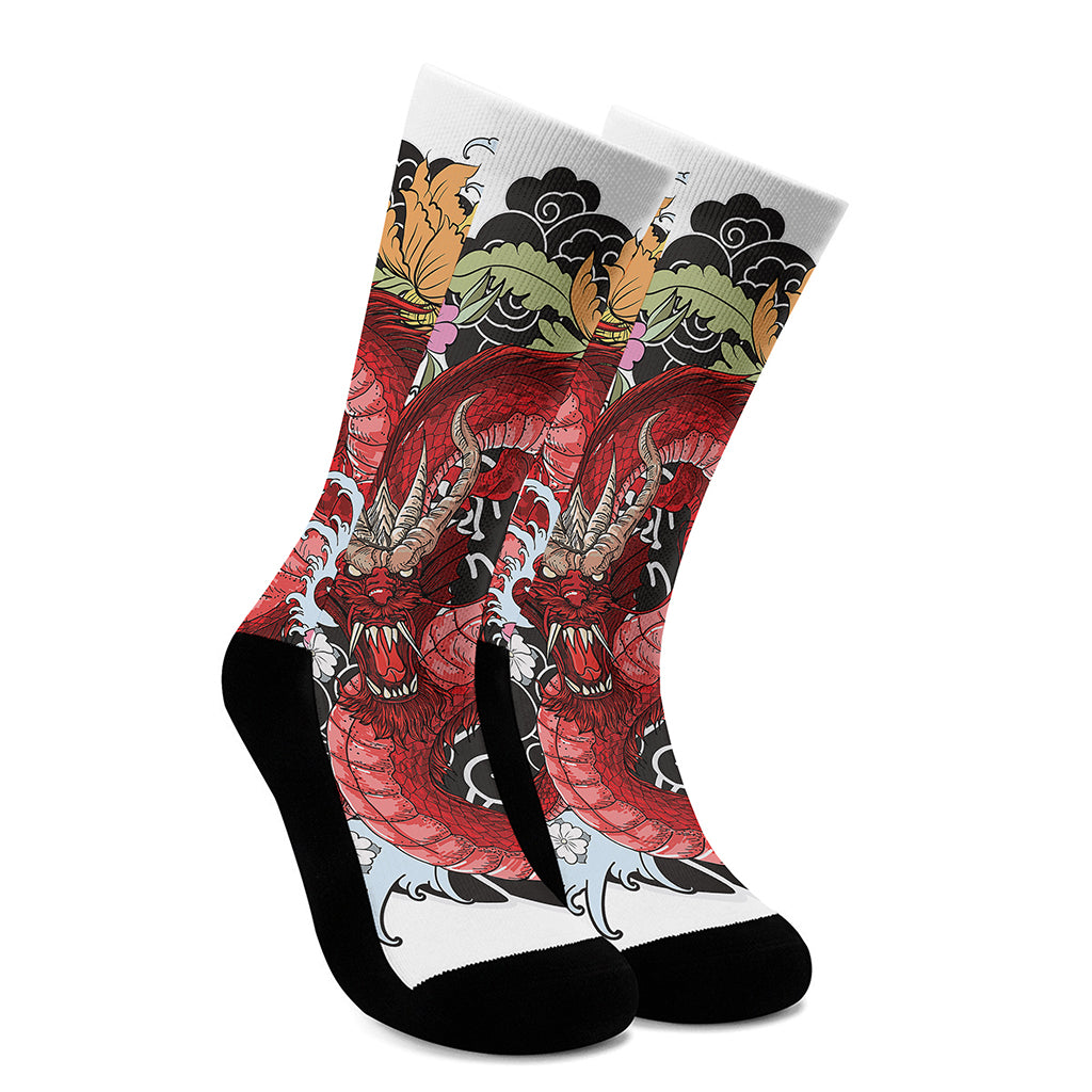 Red Japanese Dragon Tattoo Print Crew Socks