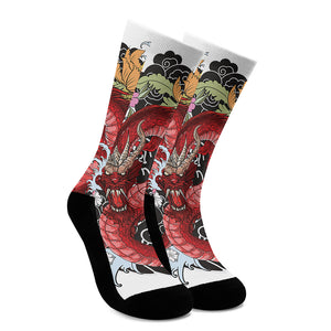 Red Japanese Dragon Tattoo Print Crew Socks