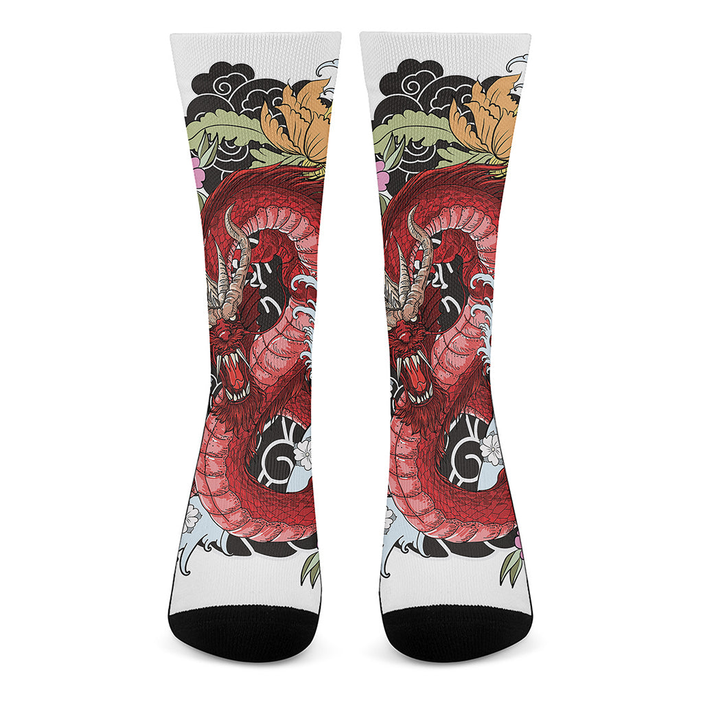 Red Japanese Dragon Tattoo Print Crew Socks