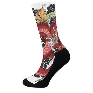 Red Japanese Dragon Tattoo Print Crew Socks