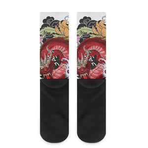 Red Japanese Dragon Tattoo Print Crew Socks