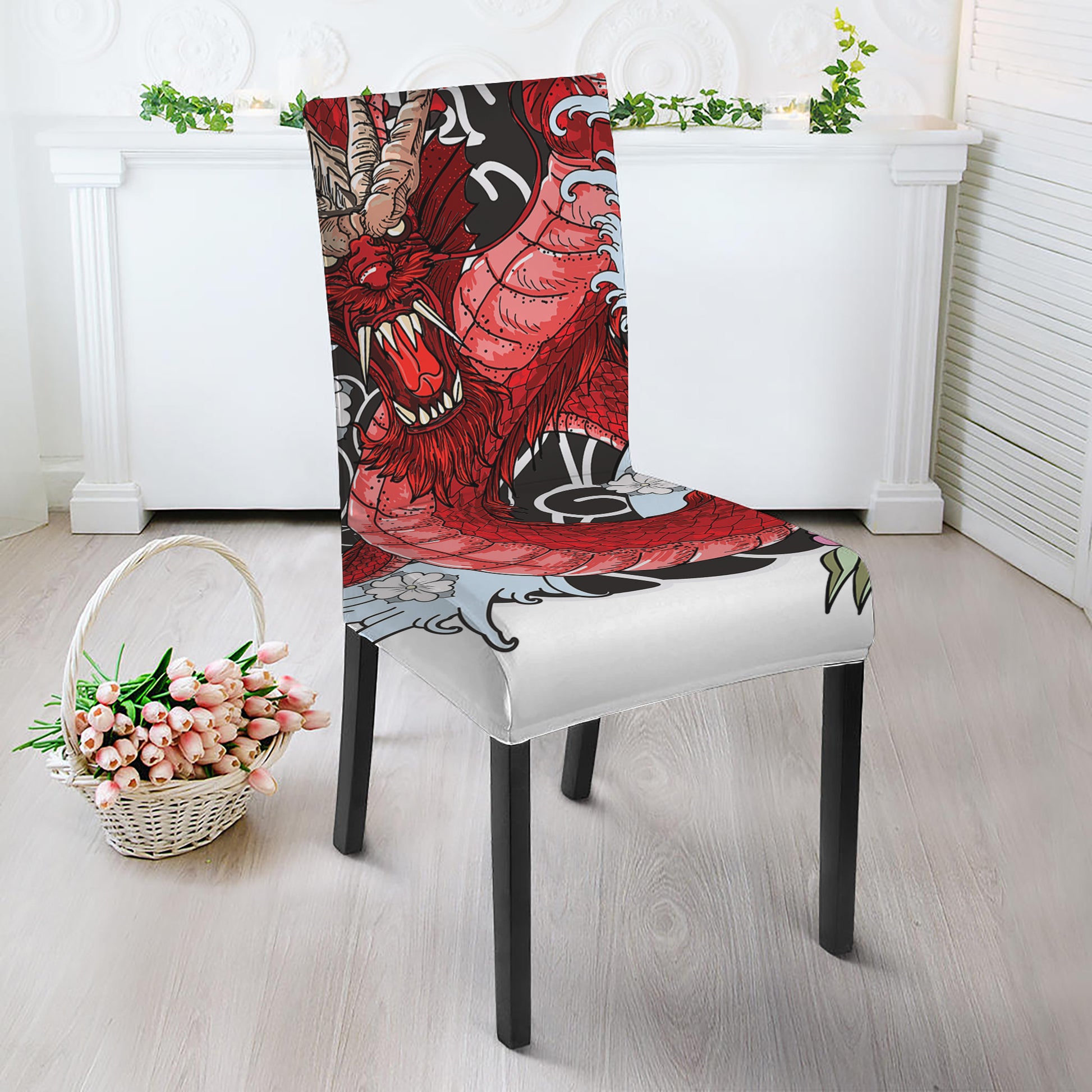 Red Japanese Dragon Tattoo Print Dining Chair Slipcover