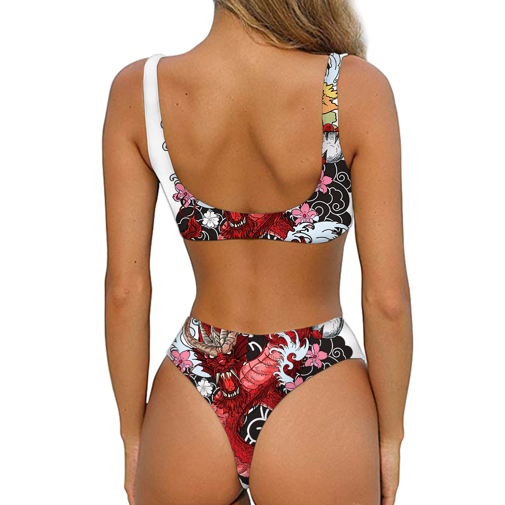 Red Japanese Dragon Tattoo Print Front Bow Tie Bikini