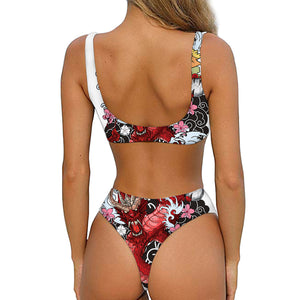 Red Japanese Dragon Tattoo Print Front Bow Tie Bikini