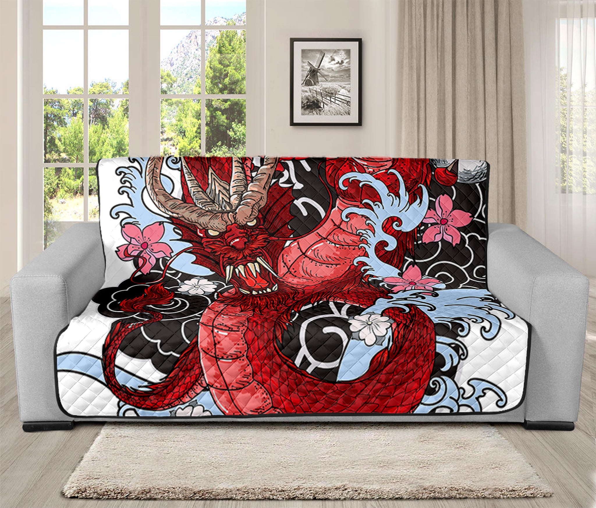 Red Japanese Dragon Tattoo Print Futon Protector