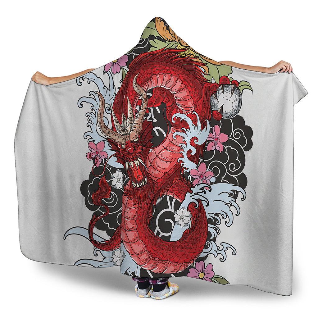 Red Japanese Dragon Tattoo Print Hooded Blanket