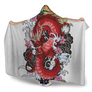 Red Japanese Dragon Tattoo Print Hooded Blanket