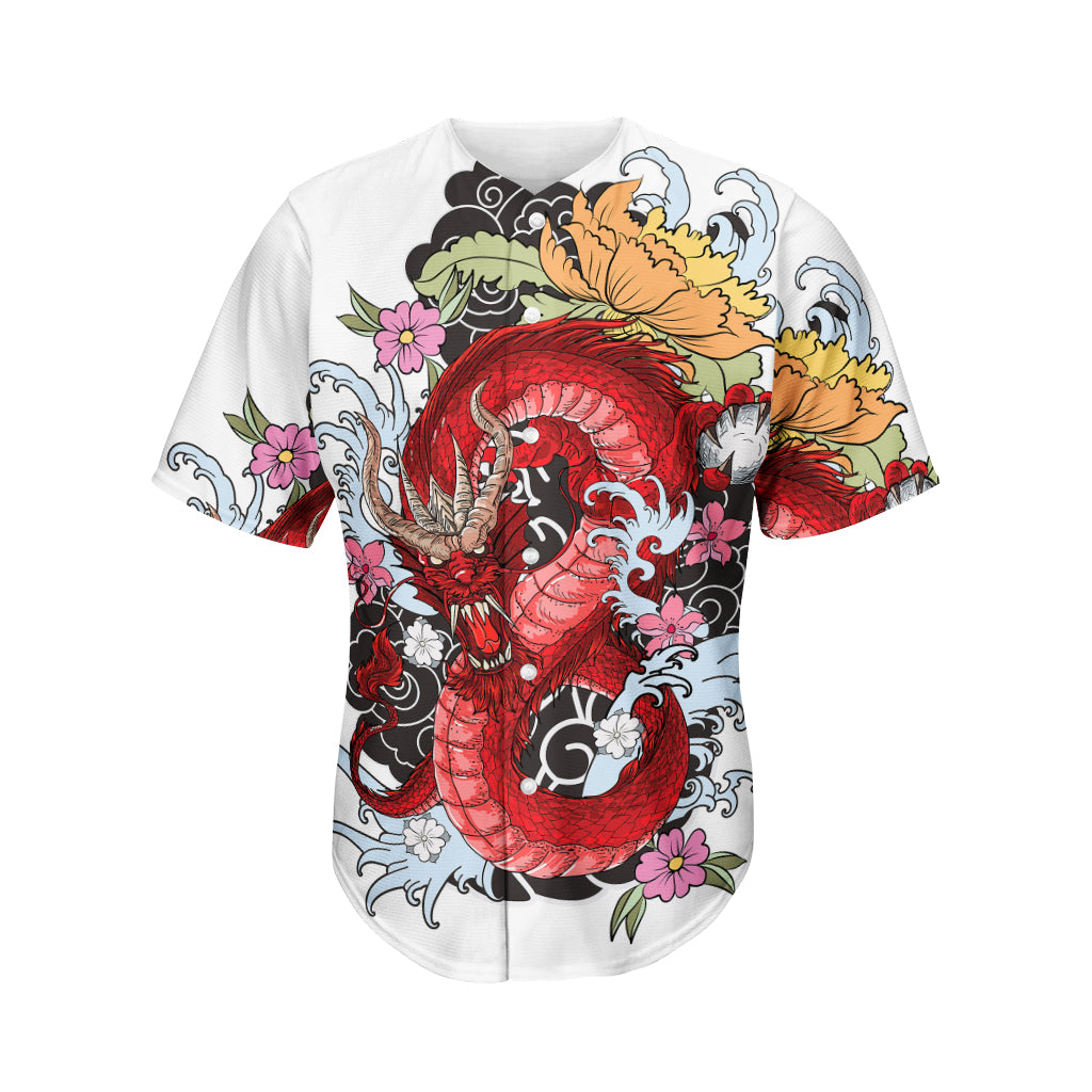 Red Japanese Dragon Tattoo Print Men's Baseball Jersey